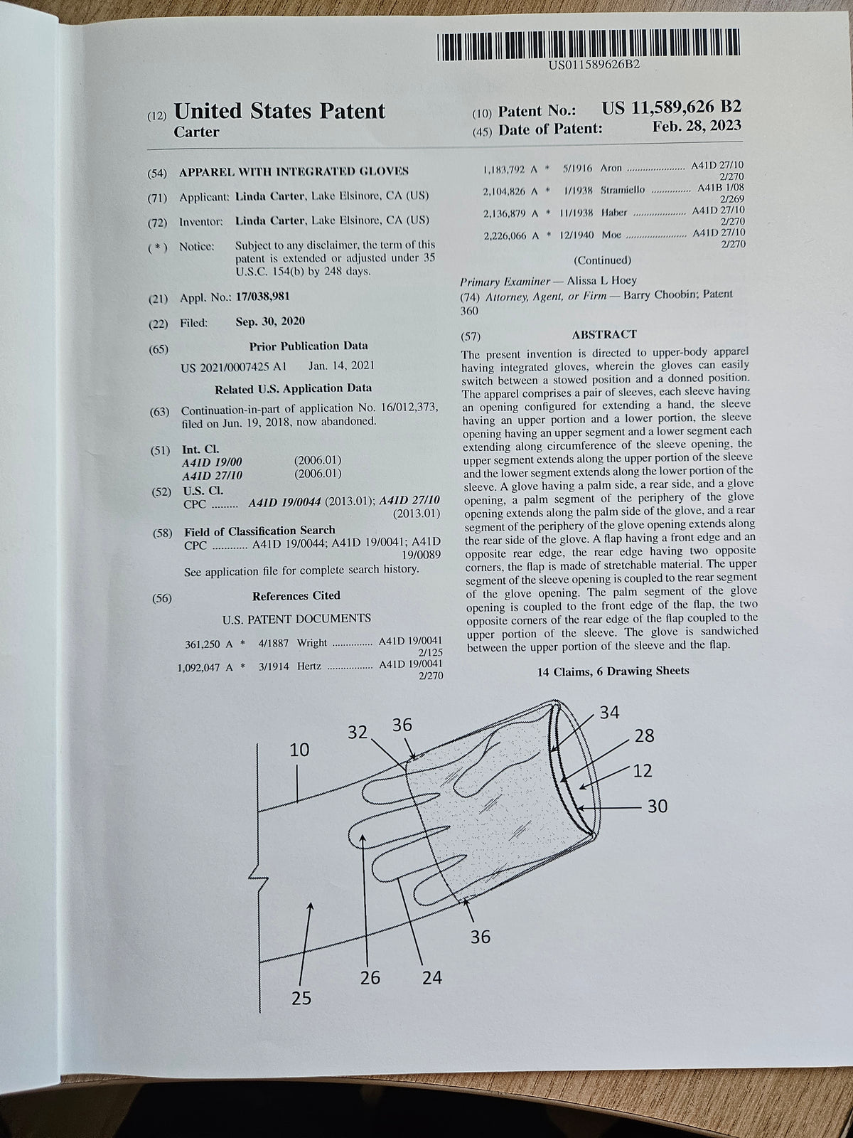 First page of U.S. Patent 11,589,626 B2, Apparel with integrated gloves, issued February 28, 2023