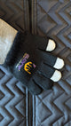 Kids’ quilted jacket with attached black gloves featuring brightly colored fingertip accents in white