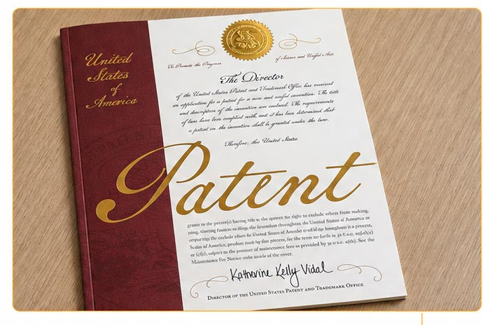 United States patent document with burgundy cover and gold seal